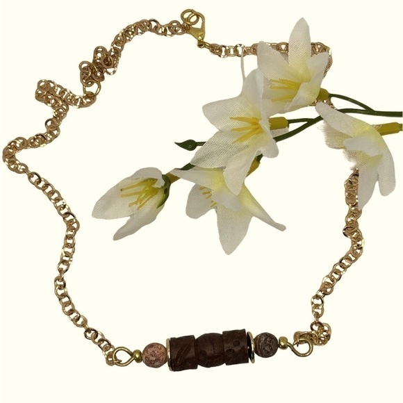 Necklace Handmade Carved Wood Natural Stone Terracotta/Black/Brown 17”-20” - Picture 2 of 3